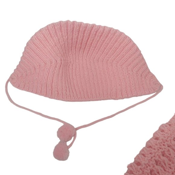 Vintage Handmade Crochet Little Girls Winter Hat And Scarf Set Pom Pom Pink - Picture 8 of 16